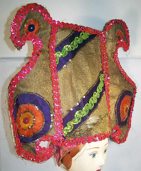 Art Deco Gold Lam&eacute; Sequin Showgirl Burlesque Headdress Side View.