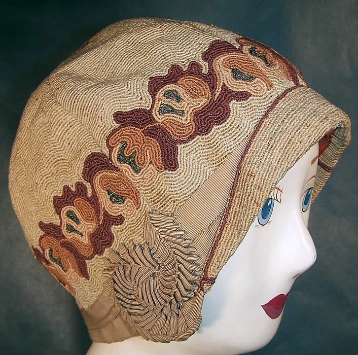 Vintage Casino Hat Art Deco Embroidered Flapper Cloche  Front view.