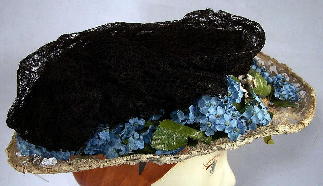 Victorian Forget Me Not Flower Black White Lace Brim Hat  Side view.