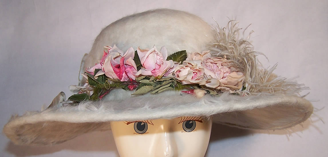 Belle Epoque White Beaver Felt Fur Rosette Wide Brim Hat   Front view.