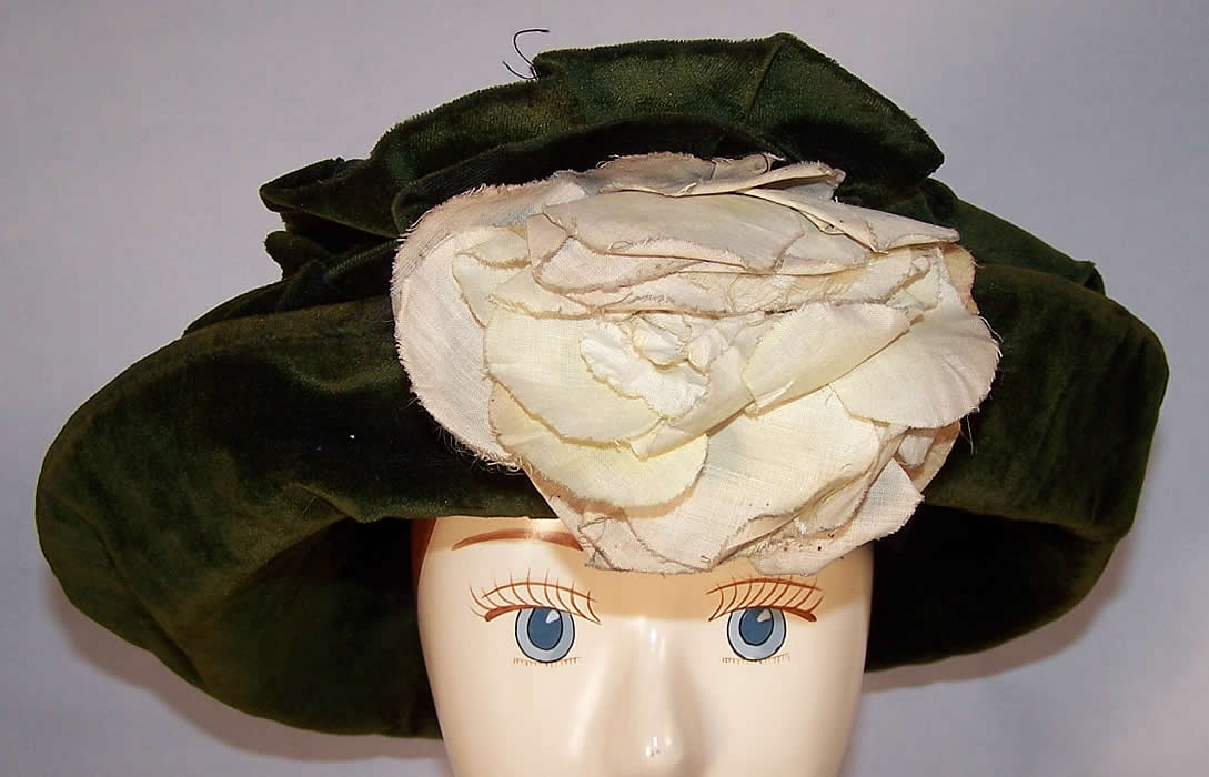 Titanic Era Edwardian Green Velvet Wide Brim Floral Hat  Front view.