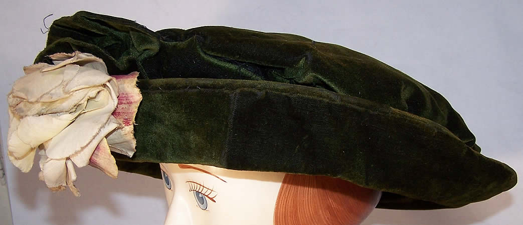 Titanic Era Edwardian Green Velvet Wide Brim Floral Hat Side View.