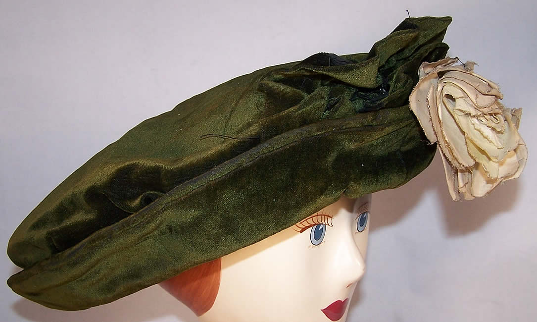 Titanic Era Edwardian Green Velvet Wide Brim Floral Hat side view.