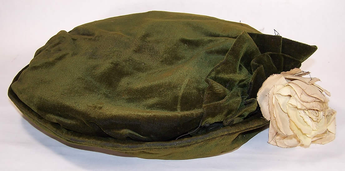 Titanic Era Edwardian Green Velvet Wide Brim Floral Hat Close up.