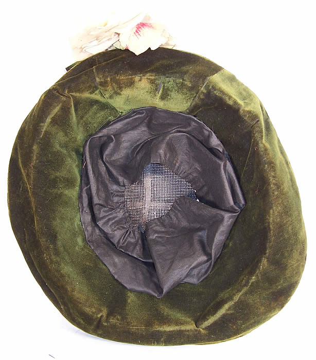 Titanic Era Edwardian Green Velvet Wide Brim Floral Hat Close up.