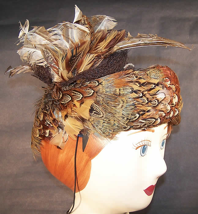 Vintage Pheasant Feather Birds Nest Pill Box Hat Side view.
