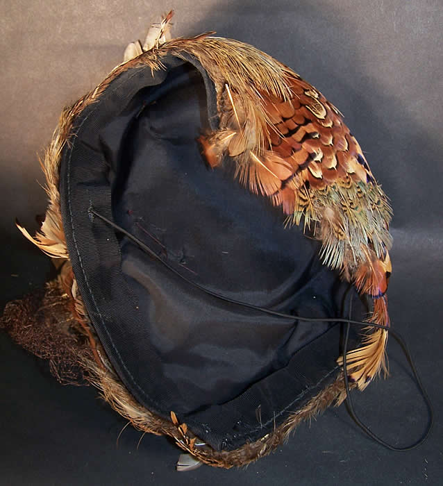 Vintage Pheasant Feather Birds Nest Pill Box Hat Close up.