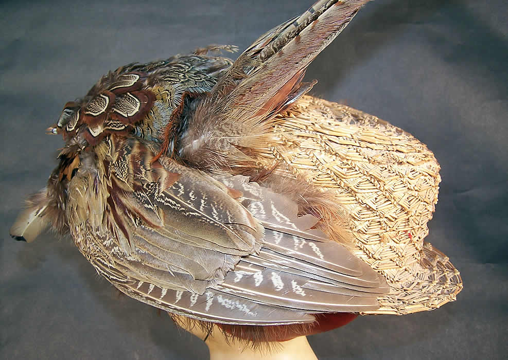 Edwardian Natural Straw Pheasant Feather Boater Hat back view