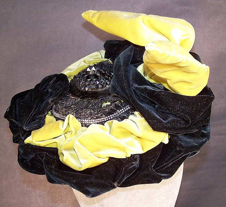 Victorian Chartreuse Black Velvet Jet Beaded Bonnet Hat  Front view.