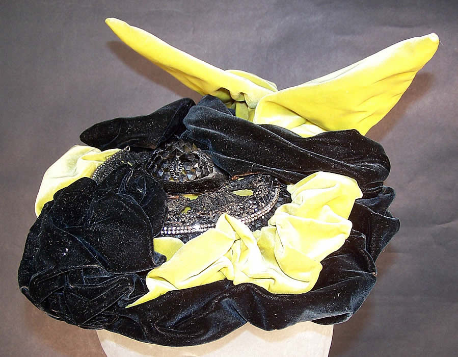 Victorian Chartreuse Black Velvet Jet Beaded Bonnet Hat Back View.