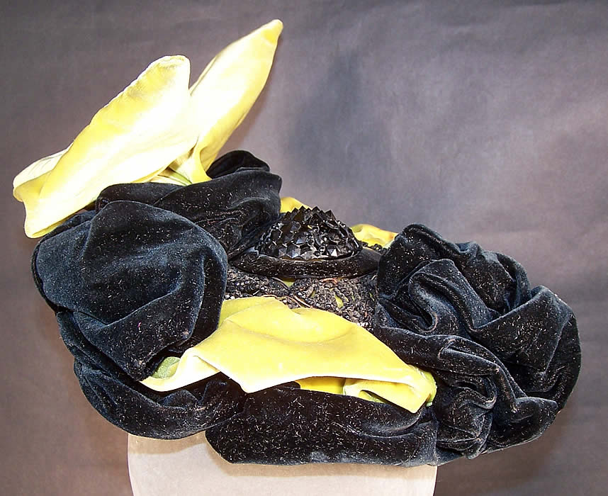 Victorian Chartreuse Black Velvet Jet Beaded Bonnet Hat side view.