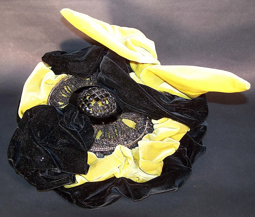 Victorian Chartreuse Black Velvet Jet Beaded Bonnet Hat Close up.