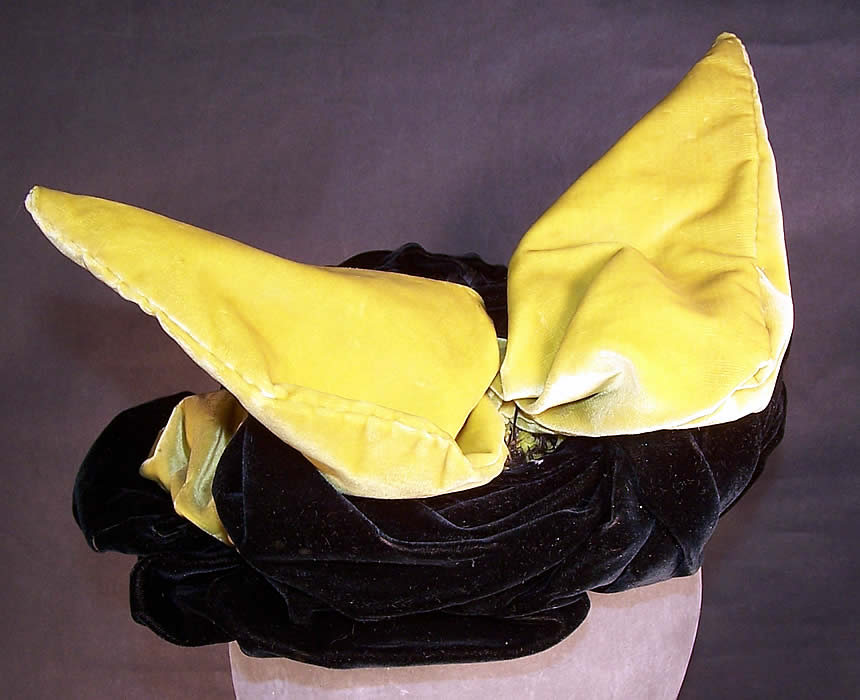 Victorian Chartreuse Black Velvet Jet Beaded Bonnet Hat back view