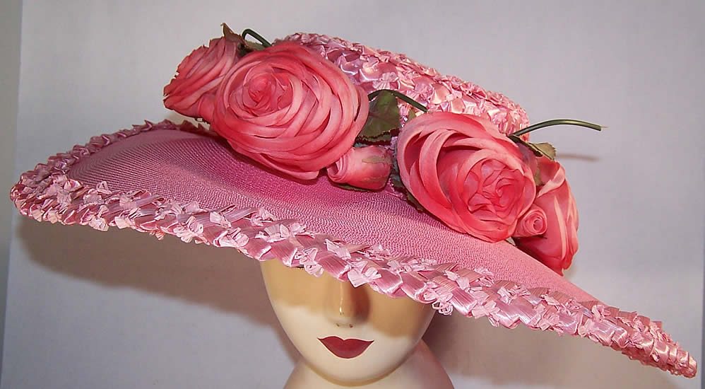 Vintage Coralie Pink Straw Floral Rose Wide Brim Sun Hat  Front view.