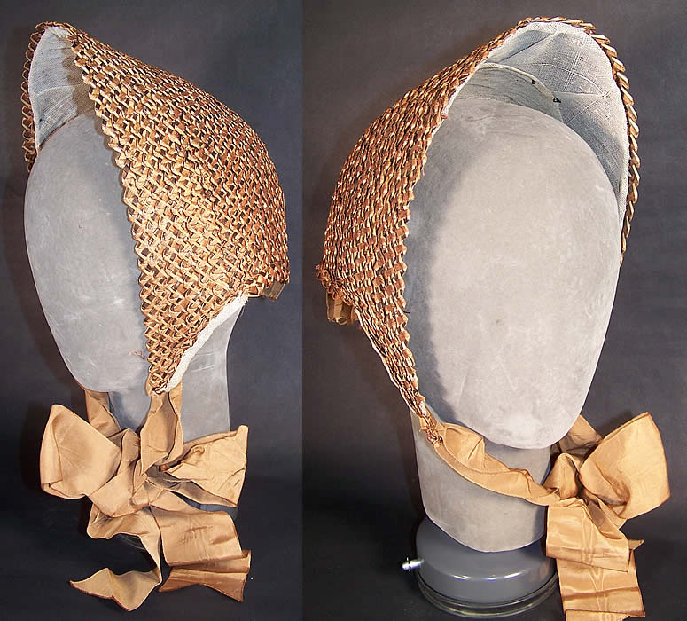 Victorian Civil War Natural Straw Cane Basket Weave Brown Silk Spoon Bonnet  Front view.