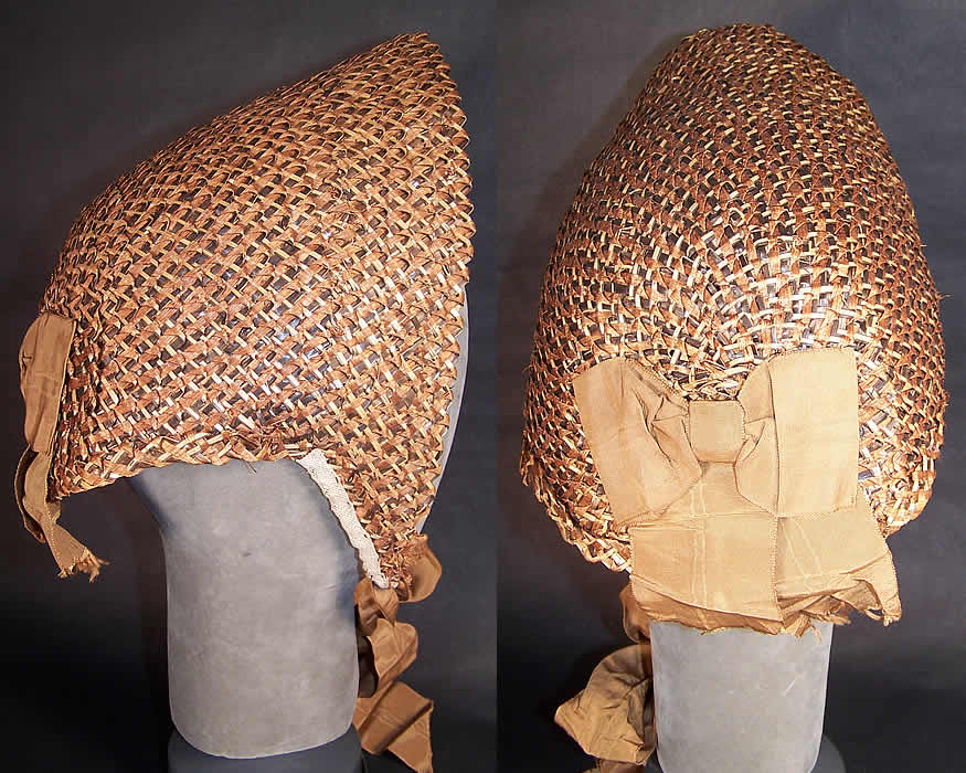 Victorian Civil War Natural Straw Cane Basket Weave Brown Silk Spoon Bonnet Back View.