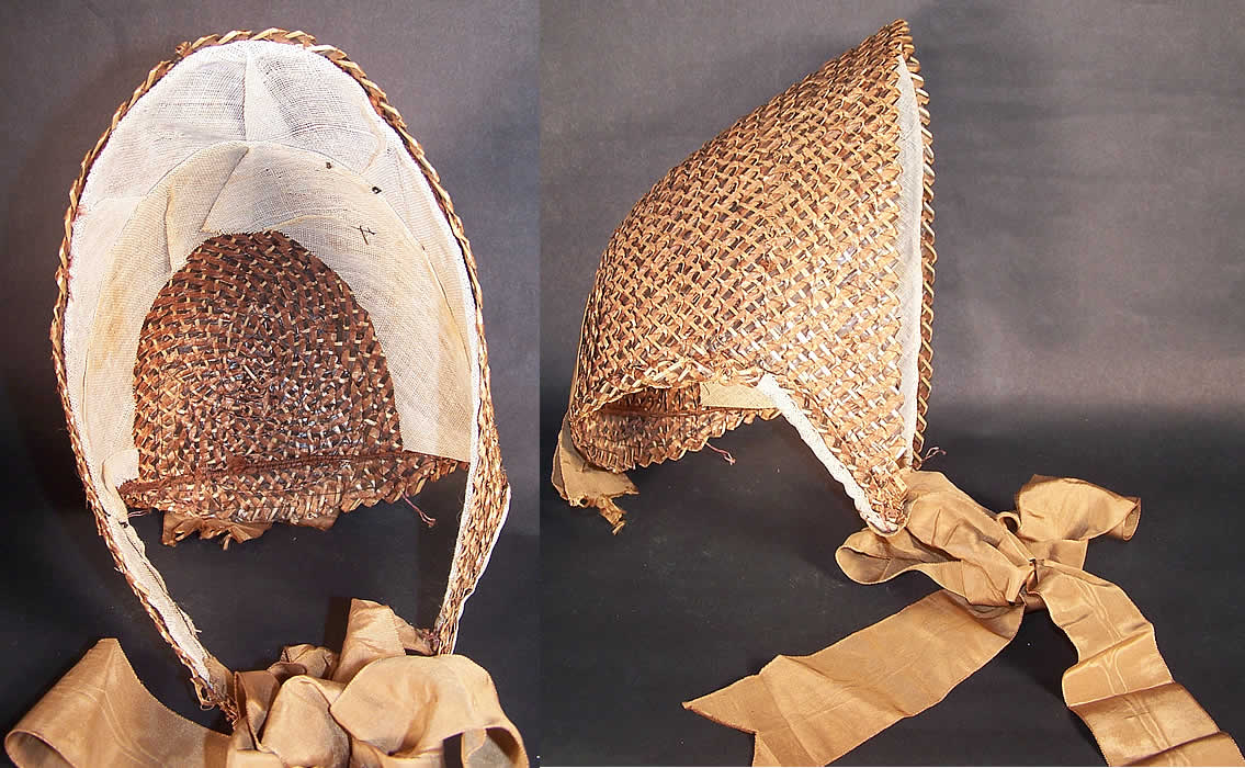 Victorian Civil War Natural Straw Cane Basket Weave Brown Silk Spoon Bonnet side view.
