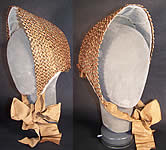 Victorian Civil War Natural Straw Cane Basket Weave Brown Silk Spoon Bonnet