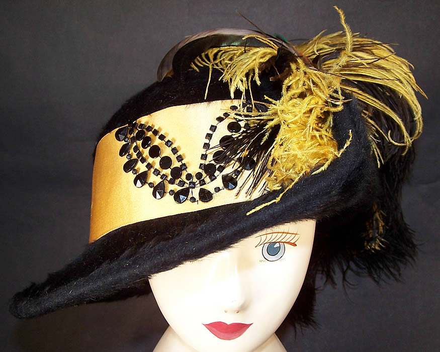 Victorian Black Beaver Felt Fur Yellow Ribbon Ostrich Feather Jet Beaded Wide Brim Hat  Front view.