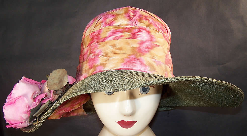 Belle Epoque Olive Green Straw Pink Rose Moire Ribbon Wide Brim Hat front View.