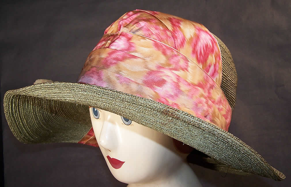Belle Epoque Olive Green Straw Pink Rose Moire Ribbon Wide Brim Hat side view.