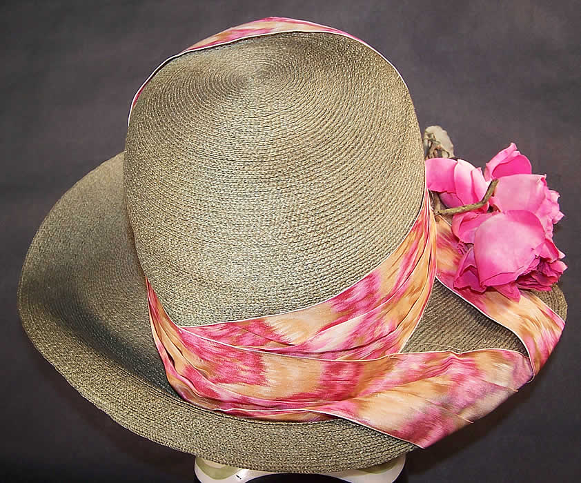 Belle Epoque Olive Green Straw Pink Rose Moire Ribbon Wide Brim Hat back view