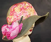 Belle Epoque Olive Green Straw Pink Rose Moire Ribbon Wide Brim Hat