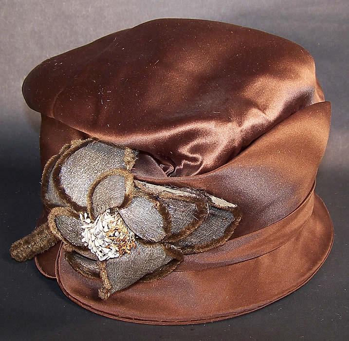 Vintage Chapeau La Mode Brown Silk Silver Lam&eacute; Flower Flapper Cloche Hat Close up.