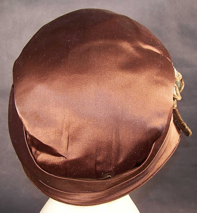 Vintage Chapeau La Mode Brown Silk Silver Lam&eacute; Flower Flapper Cloche Hat back view