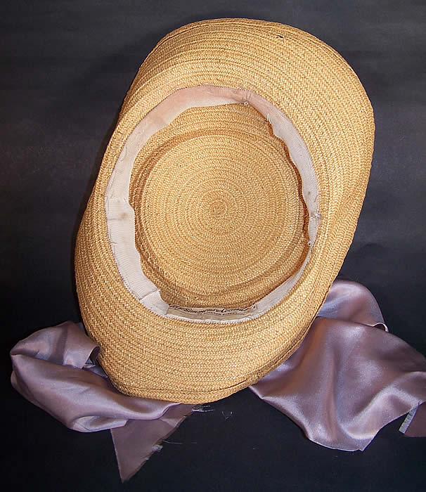 Vintage B.J. Simmons & Co 1941 Natural Straw Floral Ribbon Eugenie Hat inside
