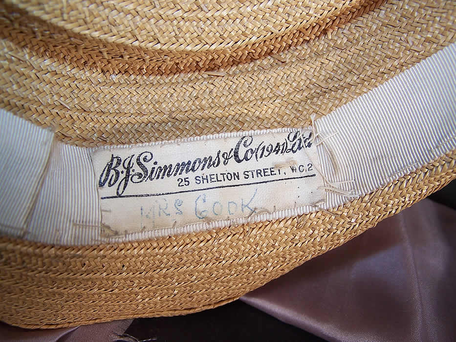 Vintage B.J. Simmons & Co 1941 Natural Straw Floral Ribbon Eugenie Hat Mrs Cook label close up.
