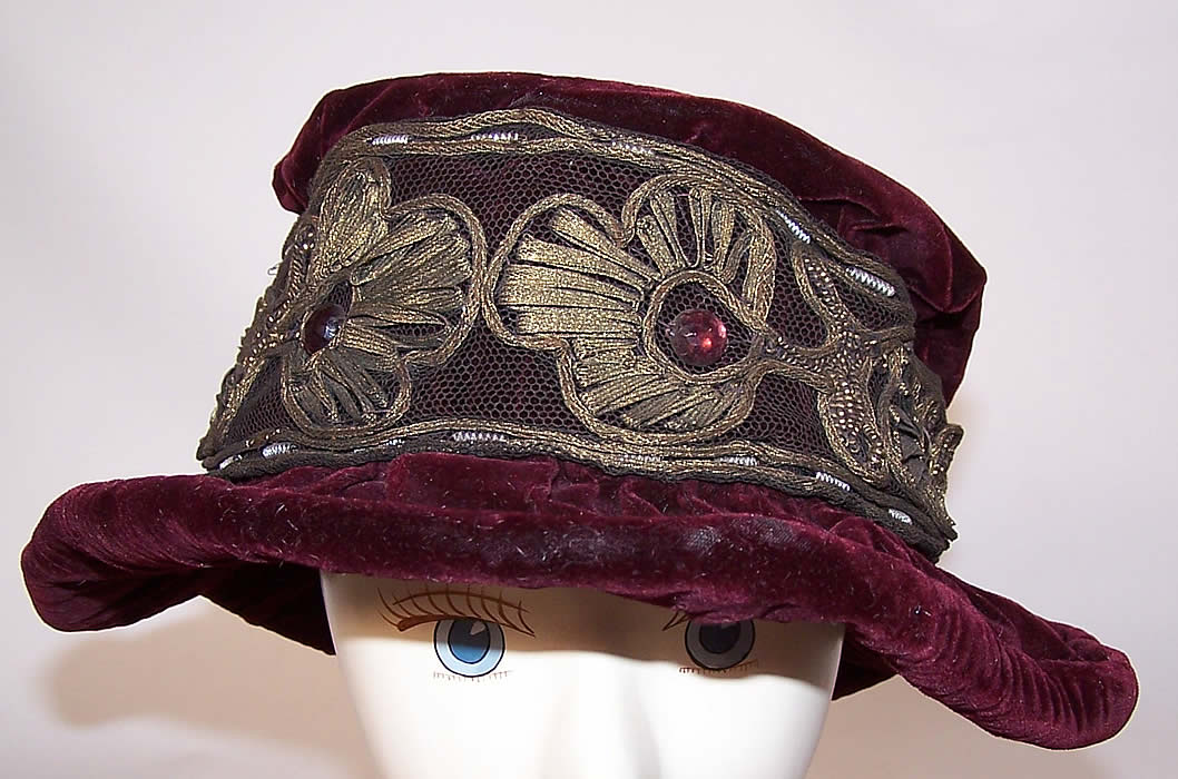 Art Nouveau Burgundy Velvet Hat Gold Metallic Rhinestone Ribbon Hatband 