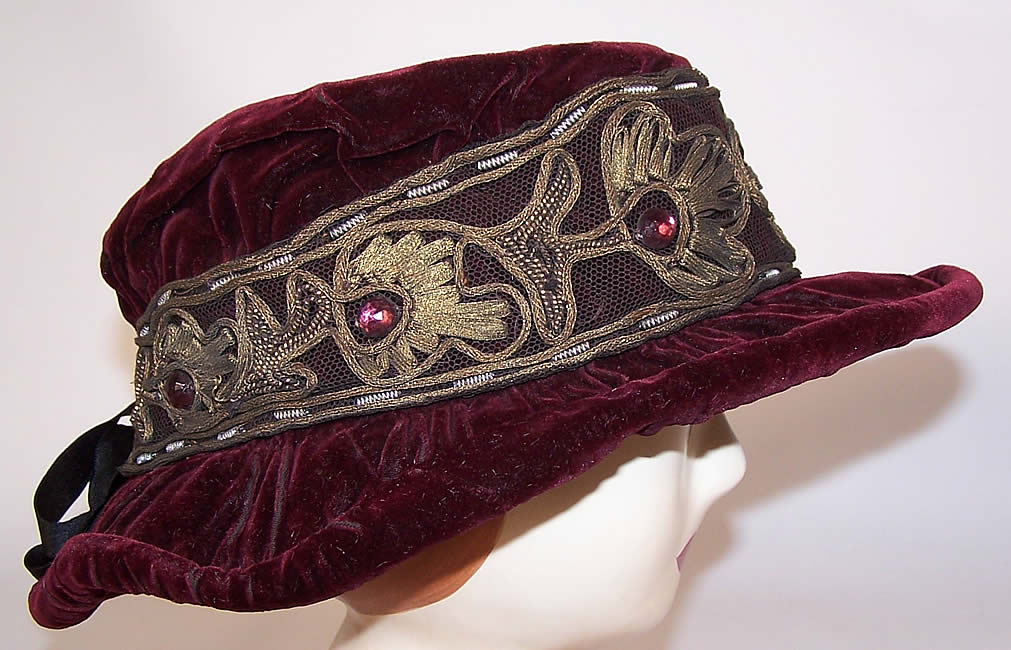 Art Nouveau Burgundy Velvet Hat Gold Metallic Rhinestone Ribbon Hatband 