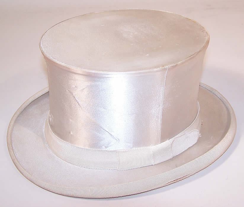 Vintage Gentlemen White Silk Satin Collapsible Crush Formal Opera Top Hat  Front view.