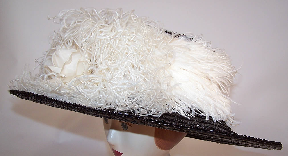 Titanic Black Straw White Ostrich Feather Oversized Wide Brim Boater Hat