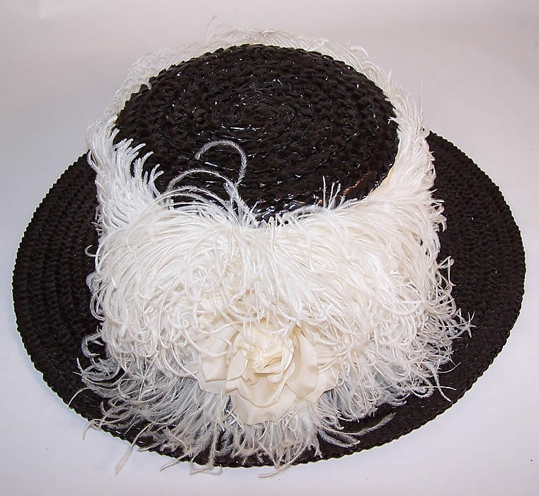 Titanic Black Straw White Ostrich Feather Oversized Wide Brim Boater Hat