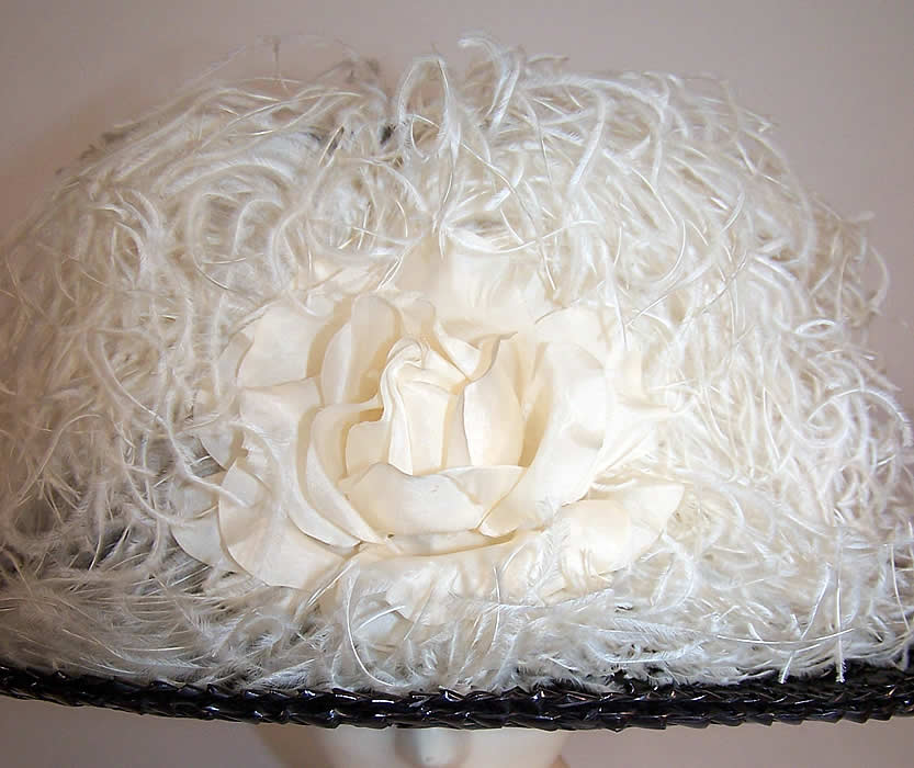 Titanic Black Straw White Ostrich Feather Oversized Wide Brim Boater Hat close up.