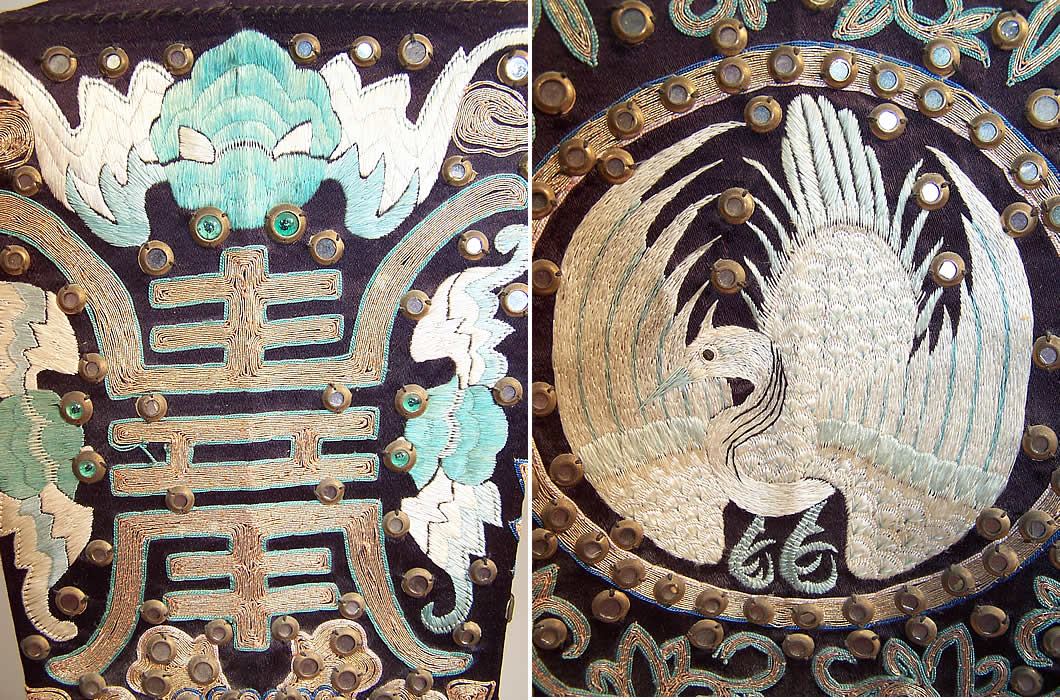 Antique Chinese Crane Bat Silk Couching Embroidery Mirror Tall Box Wedding Hat two close ups