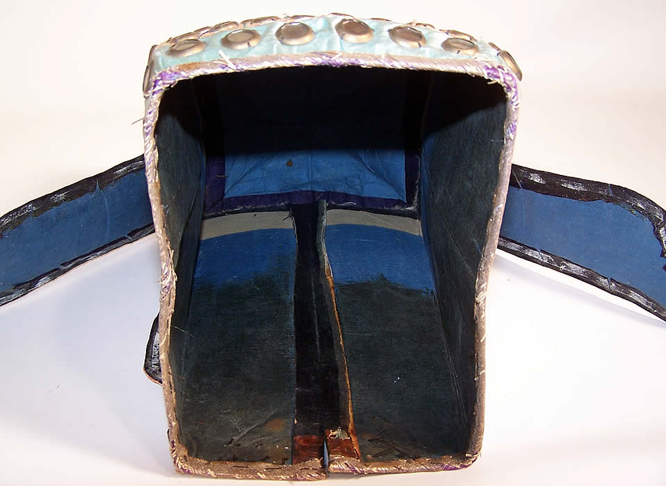  Antique Chinese Crane Bat Silk Couching Embroidery Mirror Tall Box Wedding Hat inside close up