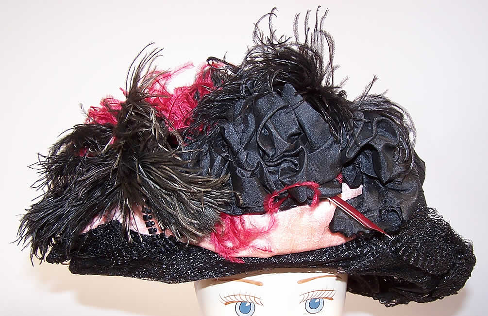 Titanic Belle Epoque Black Woven Horse Hair Ostrich Feather Jet Trim Wide Brim Hat