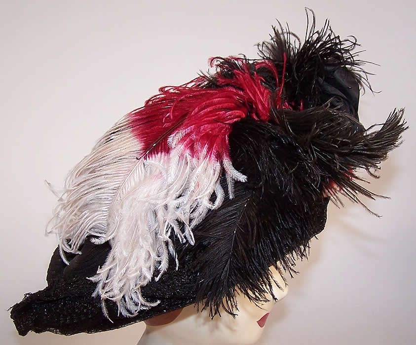 Titanic Belle Epoque Black Woven Horse Hair Ostrich Feather Jet Trim Wide Brim Hat side view.