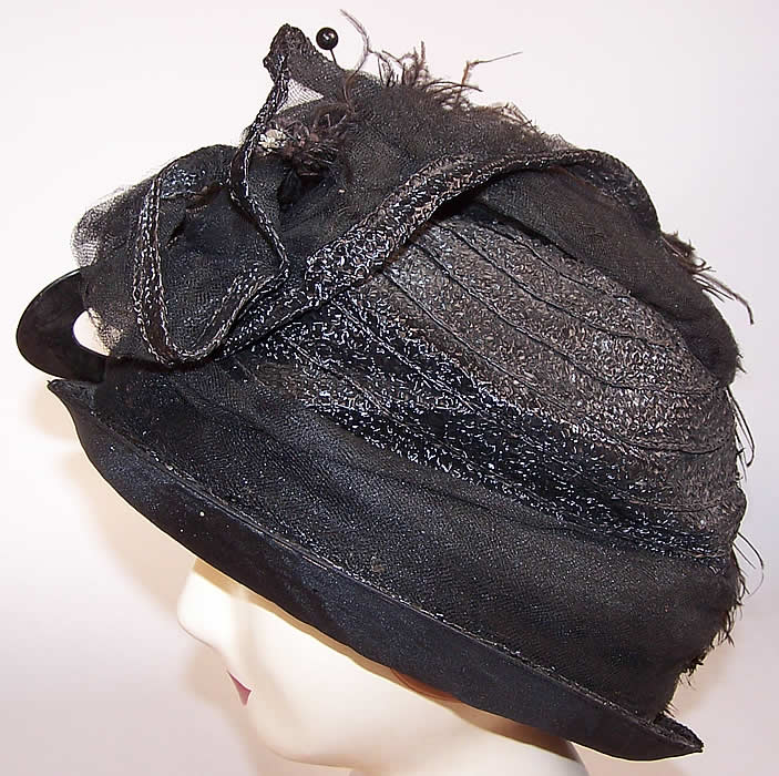 Art Deco Vintage Gage Brothers & Co Black Straw Ostrich Feather Floral Net Cloche Hat another side view.