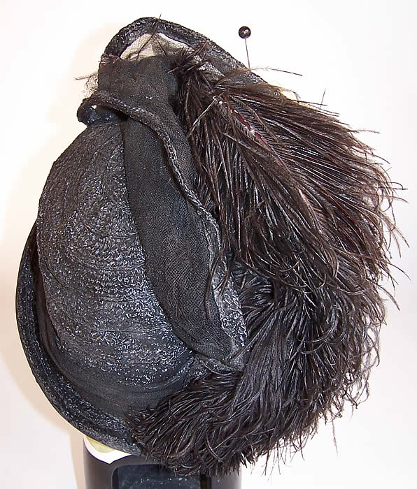 Art Deco Vintage Gage Brothers & Co Black Straw Ostrich Feather Floral Net Cloche Hat back view