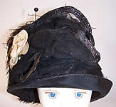 1920s Gage Brothers & Co Black Straw Ostrich Feather Floral Net Cloche Hat