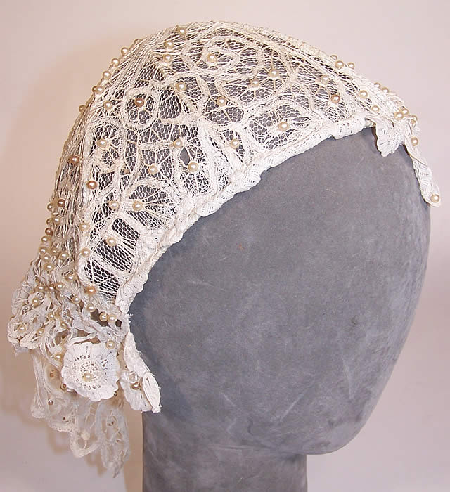 Vintage White Battenburg Lace Pearl Beaded Bridal Wedding Flapper Juliet Cap