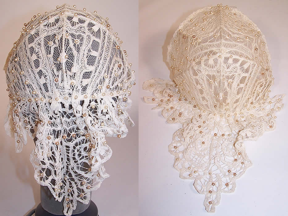 Vintage White Battenburg Lace Pearl Beaded Bridal Wedding Flapper Juliet Cap two pictures