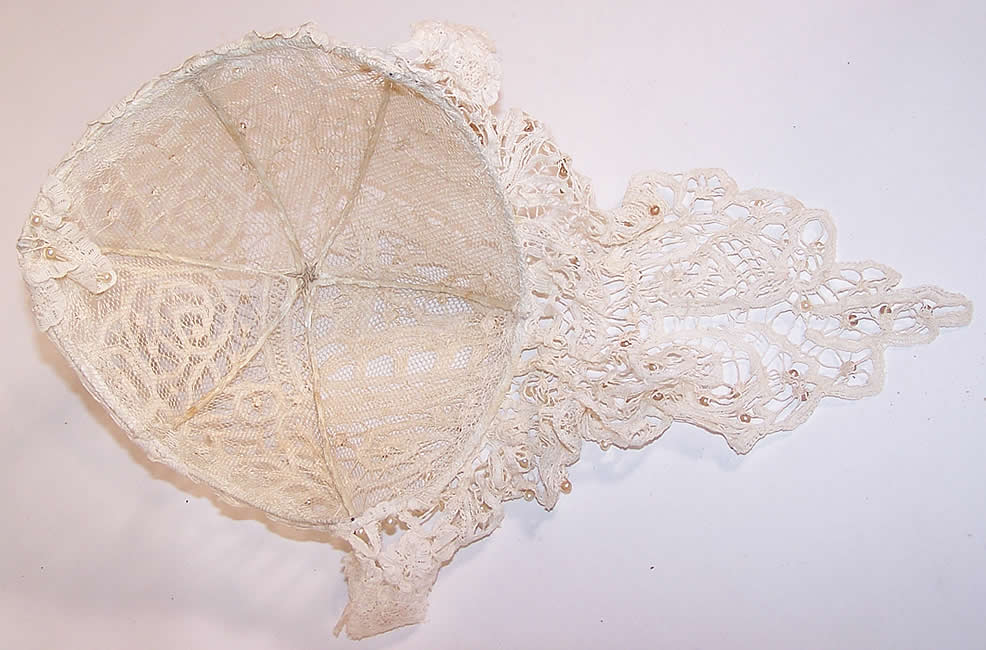 Vintage White Battenburg Lace Pearl Beaded Bridal Wedding Flapper Juliet Cap inside view