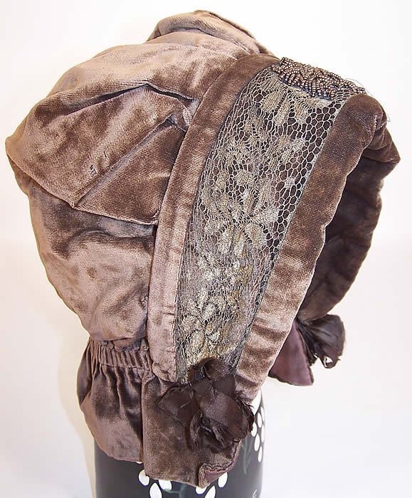 Edwardian Brown Velvet Gold Metallic Lace Bronze Beaded Winter Bonnet Hood Hat side view