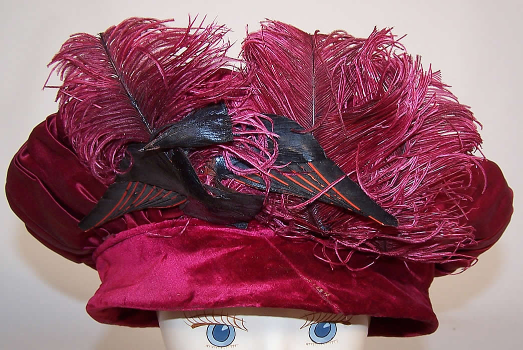 Belle Epoque Red Velvet Ostrich Feather Bird Trim Beret Tam Toque Hat