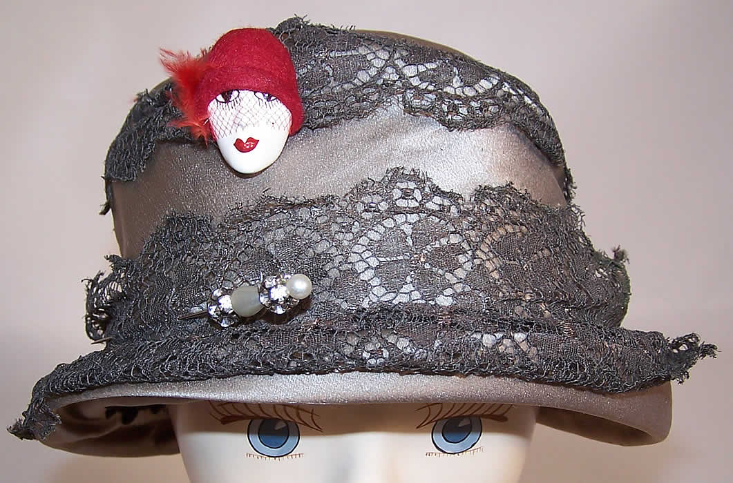 Vintage Art Deco Gray Silk Silver Lam&eacute; Lace Flapper Cloche Hat & Pin